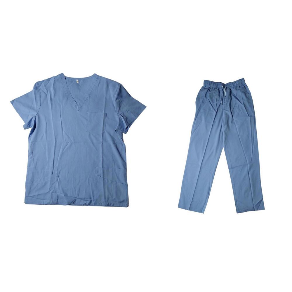 Women's Size M Blue V-Neck Pockets Shirt Drawstring Pants Scrubs FREE S&H
